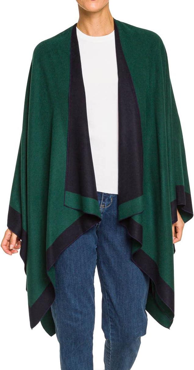 imageWomens Shawl Wrap Poncho Ruana Cape Cardigan Sweater Open Front for Fall WinterBorder Design  Green and Navy