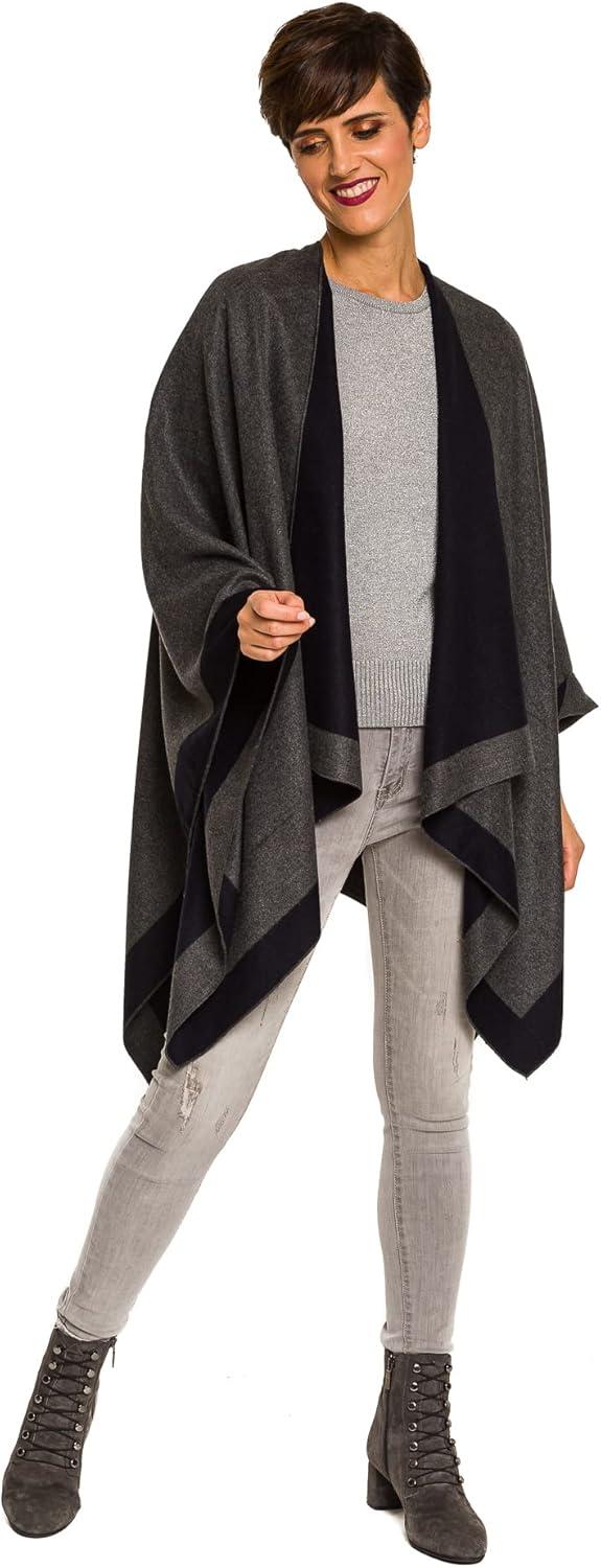 imageWomens Shawl Wrap Poncho Ruana Cape Cardigan Sweater Open Front for Fall WinterBorder Design  Navy and Dark Gray