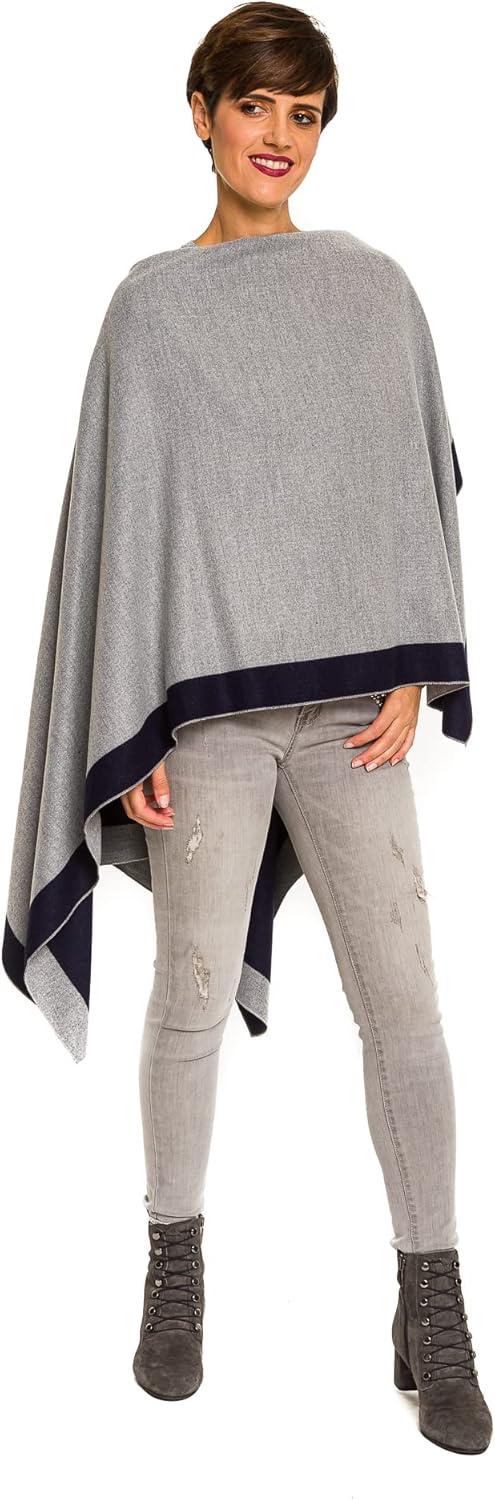 imageWomens Shawl Wrap Poncho Ruana Cape Cardigan Sweater Open Front for Fall WinterBorder Design  Navy and Light Gray