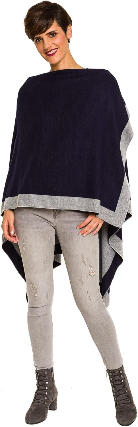 imageWomens Shawl Wrap Poncho Ruana Cape Cardigan Sweater Open Front for Fall WinterBorder Design  Navy and Light Gray