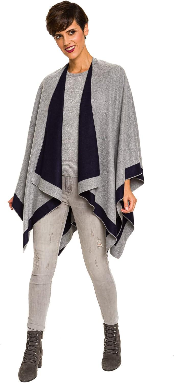 imageWomens Shawl Wrap Poncho Ruana Cape Cardigan Sweater Open Front for Fall WinterBorder Design  Navy and Light Gray