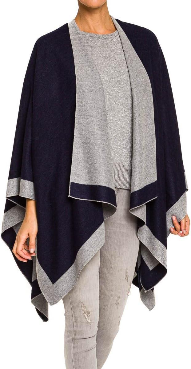 imageWomens Shawl Wrap Poncho Ruana Cape Cardigan Sweater Open Front for Fall WinterBorder Design  Navy and Light Gray