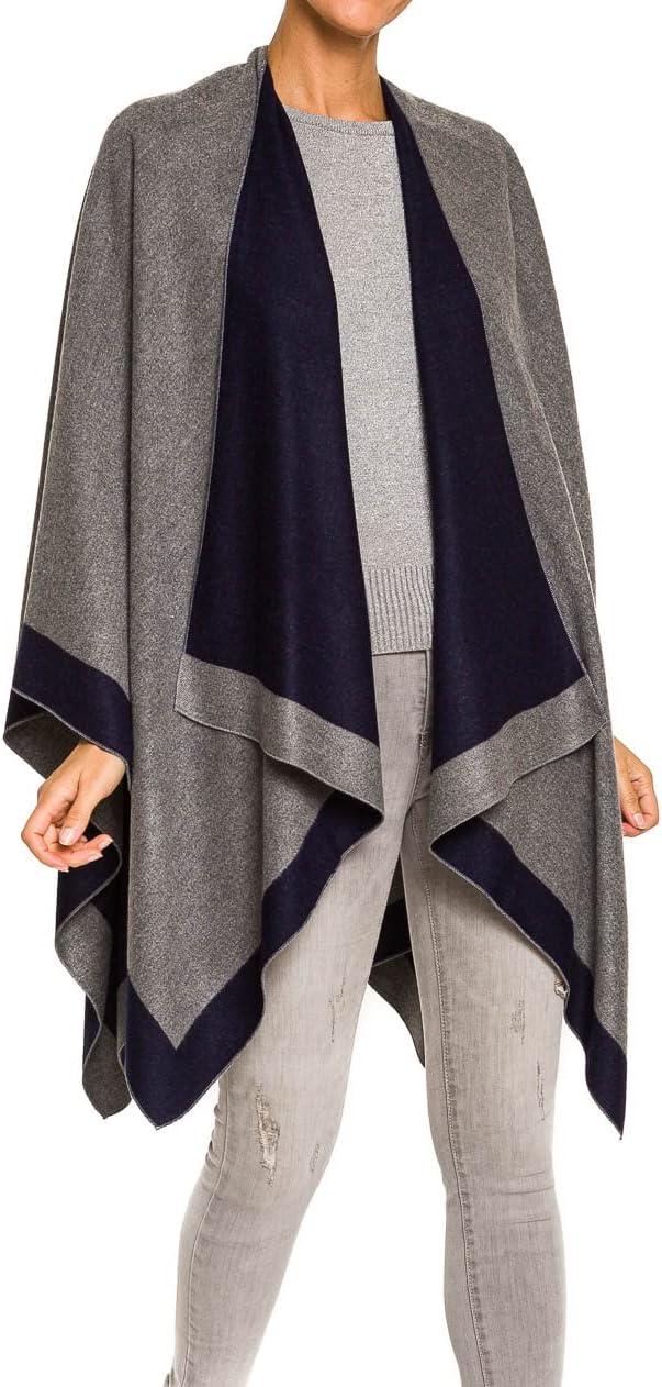 imageWomens Shawl Wrap Poncho Ruana Cape Cardigan Sweater Open Front for Fall WinterBorder Design  Navy and Medium Gray