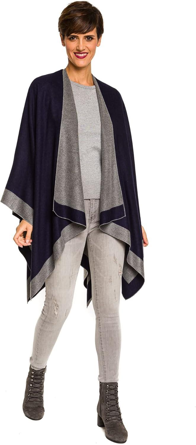 imageWomens Shawl Wrap Poncho Ruana Cape Cardigan Sweater Open Front for Fall WinterBorder Design  Navy and Medium Gray