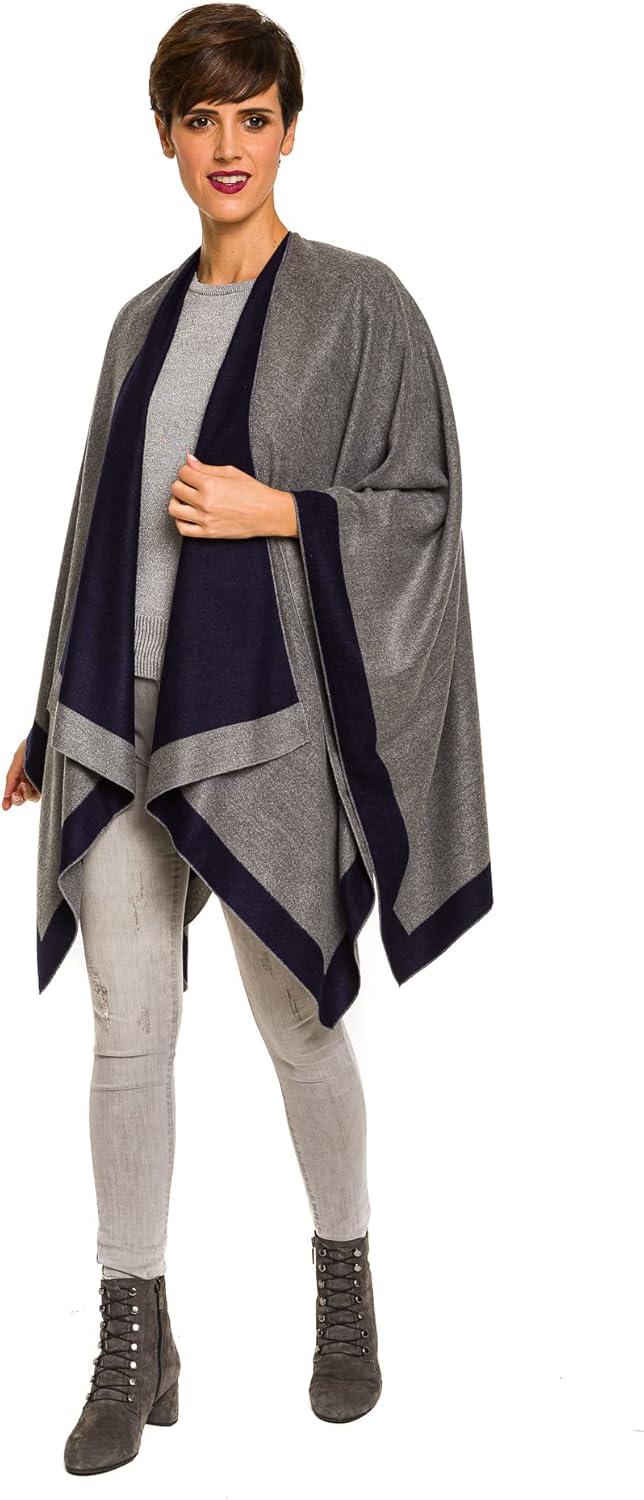 imageWomens Shawl Wrap Poncho Ruana Cape Cardigan Sweater Open Front for Fall WinterBorder Design  Navy and Medium Gray
