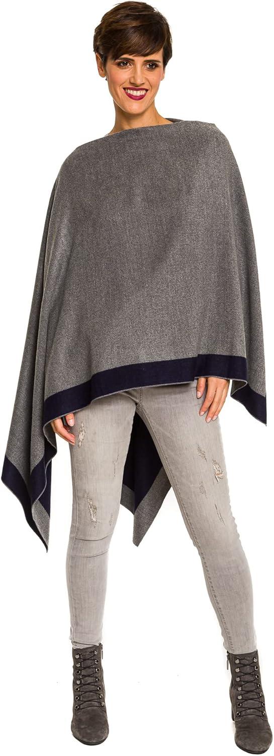 imageWomens Shawl Wrap Poncho Ruana Cape Cardigan Sweater Open Front for Fall WinterBorder Design  Navy and Medium Gray