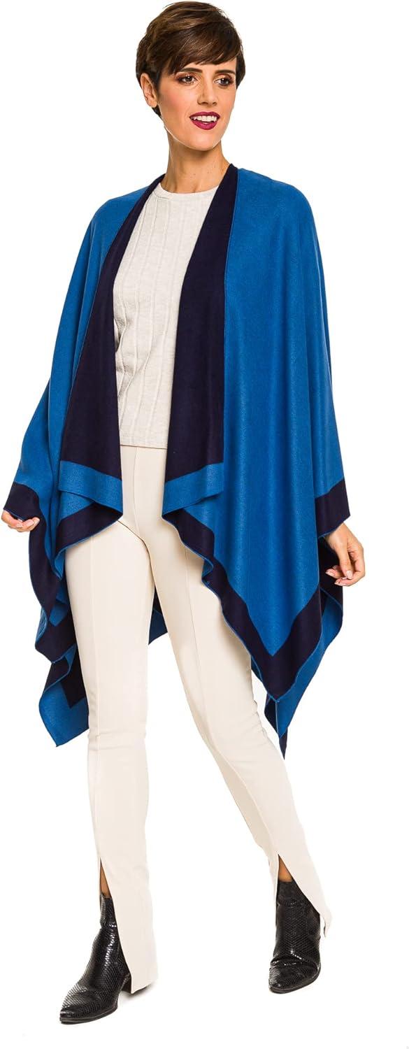 imageWomens Shawl Wrap Poncho Ruana Cape Cardigan Sweater Open Front for Fall WinterBorder Design  Navy and Royal Blue