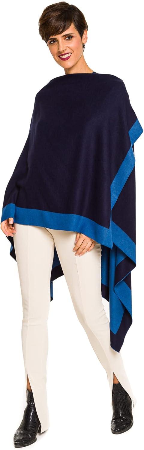 imageWomens Shawl Wrap Poncho Ruana Cape Cardigan Sweater Open Front for Fall WinterBorder Design  Navy and Royal Blue