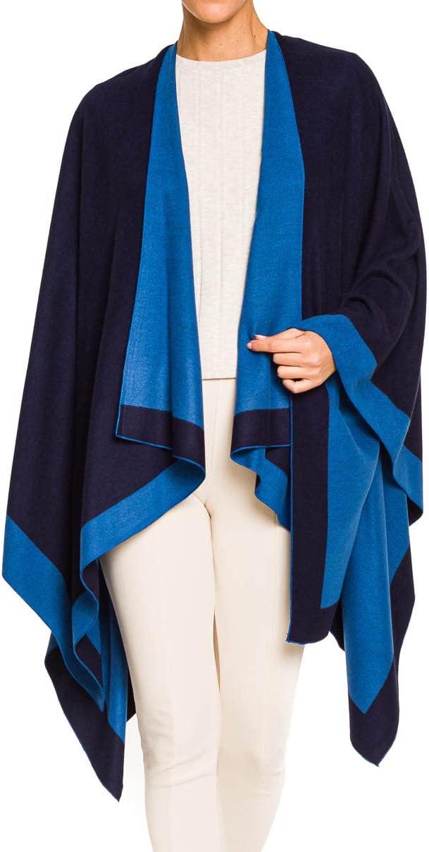 imageWomens Shawl Wrap Poncho Ruana Cape Cardigan Sweater Open Front for Fall WinterBorder Design  Navy and Royal Blue