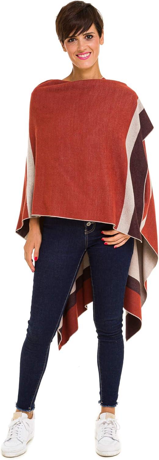 imageWomens Shawl Wrap Poncho Ruana Cape Cardigan Sweater Open Front for Fall WinterBorder Design  Orange and Beige