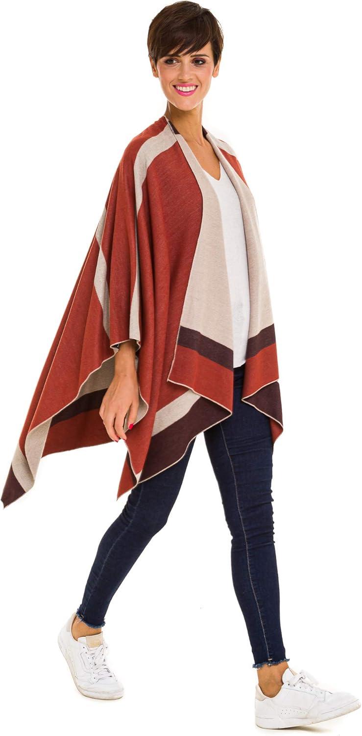 imageWomens Shawl Wrap Poncho Ruana Cape Cardigan Sweater Open Front for Fall WinterBorder Design  Orange and Beige