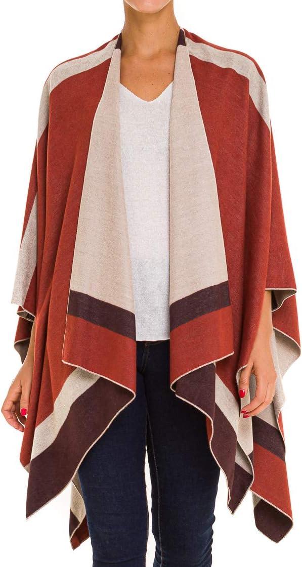 imageWomens Shawl Wrap Poncho Ruana Cape Cardigan Sweater Open Front for Fall WinterBorder Design  Orange and Beige