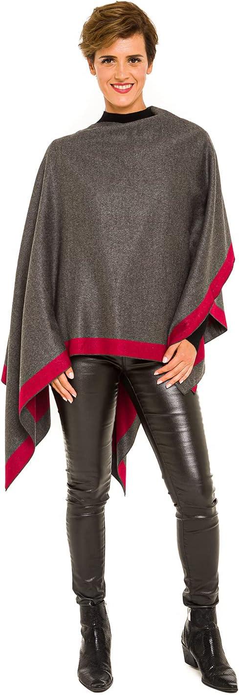 imageWomens Shawl Wrap Poncho Ruana Cape Cardigan Sweater Open Front for Fall WinterBorder Design  Red and Gray