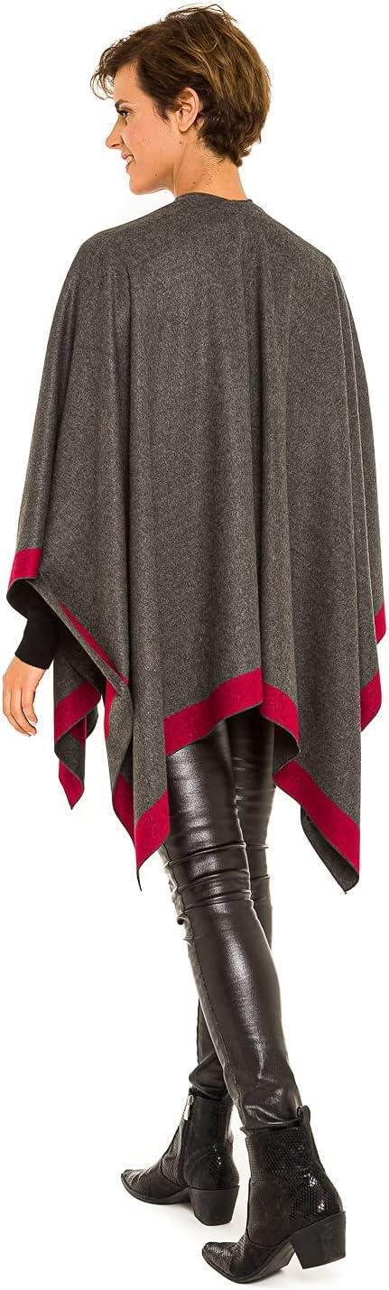 imageWomens Shawl Wrap Poncho Ruana Cape Cardigan Sweater Open Front for Fall WinterBorder Design  Red and Gray