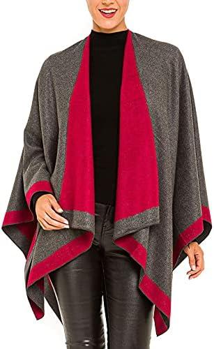 imageWomens Shawl Wrap Poncho Ruana Cape Cardigan Sweater Open Front for Fall WinterBorder Design  Red and Gray