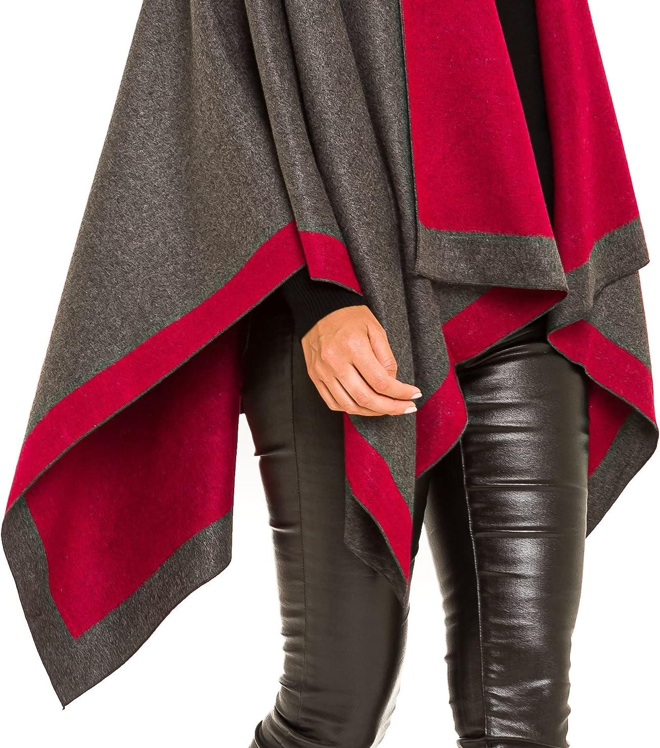 imageWomens Shawl Wrap Poncho Ruana Cape Cardigan Sweater Open Front for Fall WinterBorder Design  Red and Gray
