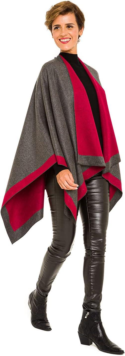 imageWomens Shawl Wrap Poncho Ruana Cape Cardigan Sweater Open Front for Fall WinterBorder Design  Red and Gray