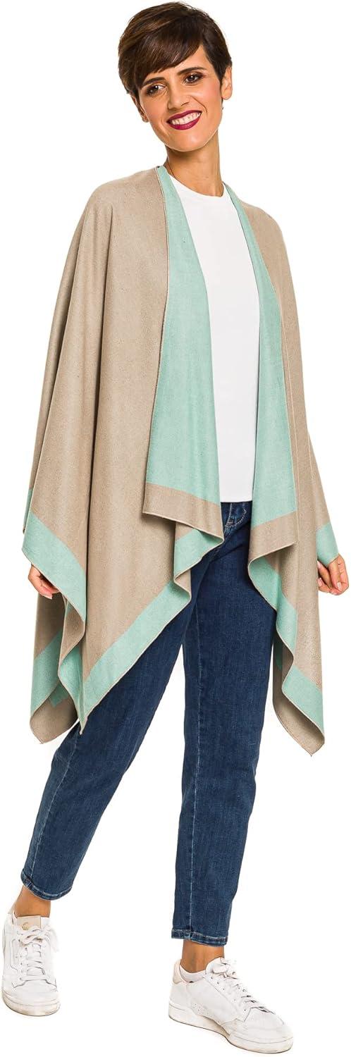 imageWomens Shawl Wrap Poncho Ruana Cape Cardigan Sweater Open Front for Fall WinterBorder Design  Turquoise and Gray