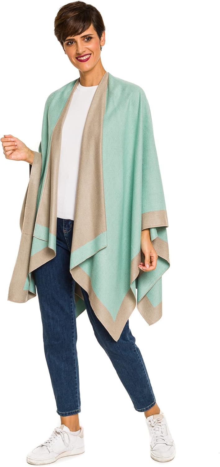 imageWomens Shawl Wrap Poncho Ruana Cape Cardigan Sweater Open Front for Fall WinterBorder Design  Turquoise and Gray
