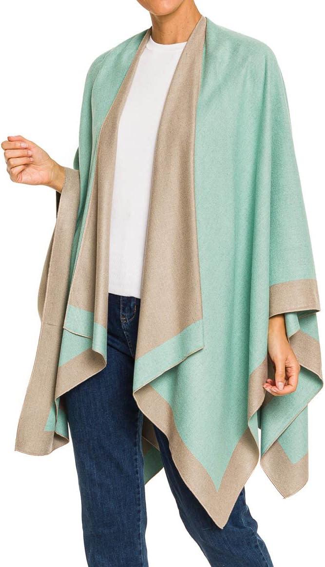 imageWomens Shawl Wrap Poncho Ruana Cape Cardigan Sweater Open Front for Fall WinterBorder Design  Turquoise and Gray