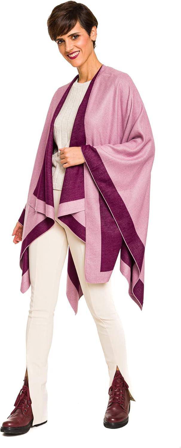 imageWomens Shawl Wrap Poncho Ruana Cape Cardigan Sweater Open Front for Fall WinterBorder Design  Violet and Pink