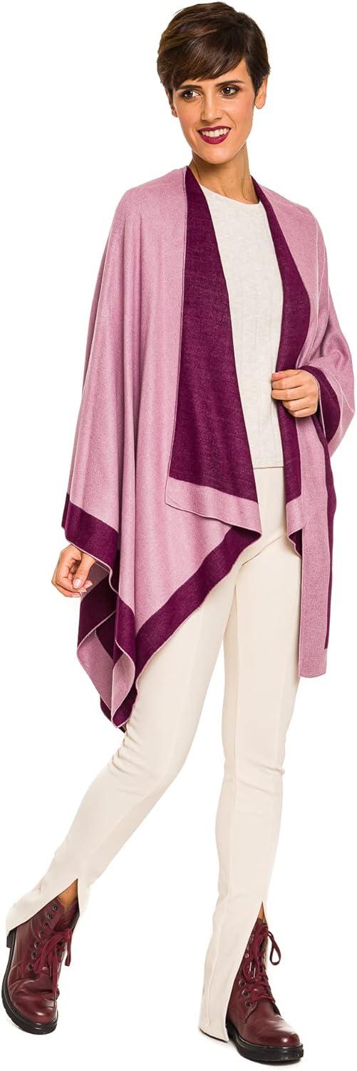 imageWomens Shawl Wrap Poncho Ruana Cape Cardigan Sweater Open Front for Fall WinterBorder Design  Violet and Pink