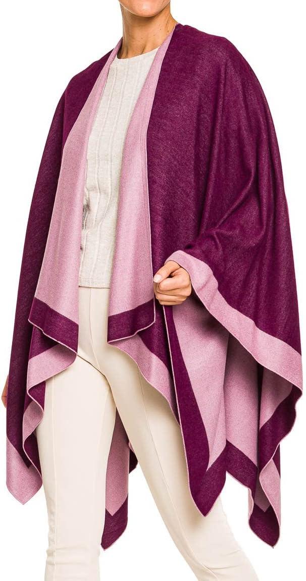 imageWomens Shawl Wrap Poncho Ruana Cape Cardigan Sweater Open Front for Fall WinterBorder Design  Violet and Pink
