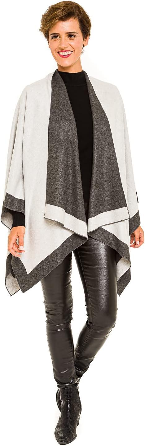 imageWomens Shawl Wrap Poncho Ruana Cape Cardigan Sweater Open Front for Fall WinterBorder Design  White and Gray