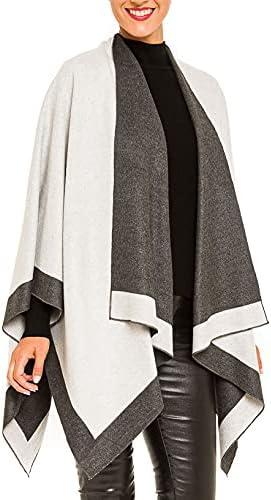 imageWomens Shawl Wrap Poncho Ruana Cape Cardigan Sweater Open Front for Fall WinterBorder Design  White and Gray