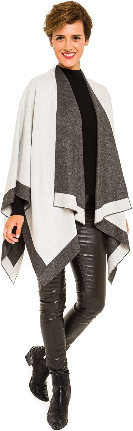 imageWomens Shawl Wrap Poncho Ruana Cape Cardigan Sweater Open Front for Fall WinterBorder Design  White and Gray