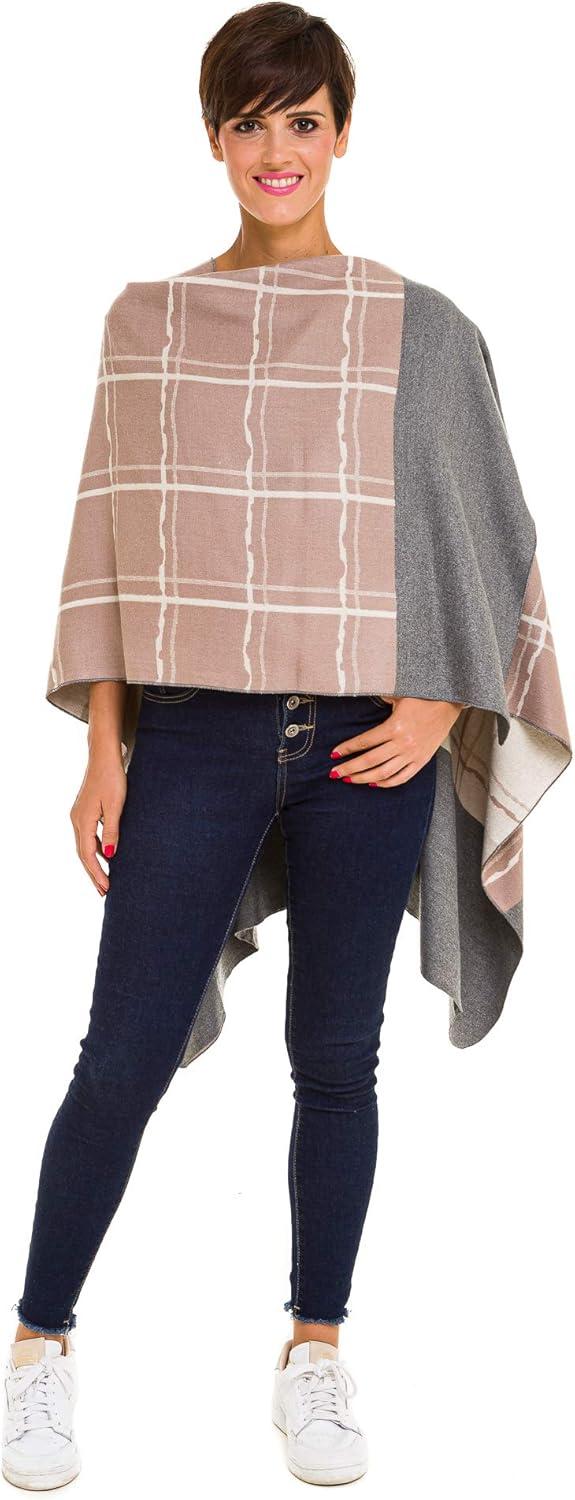 imageWomens Shawl Wrap Poncho Ruana Cape Cardigan Sweater Open Front for Fall WinterChecker Design  Beige With Border