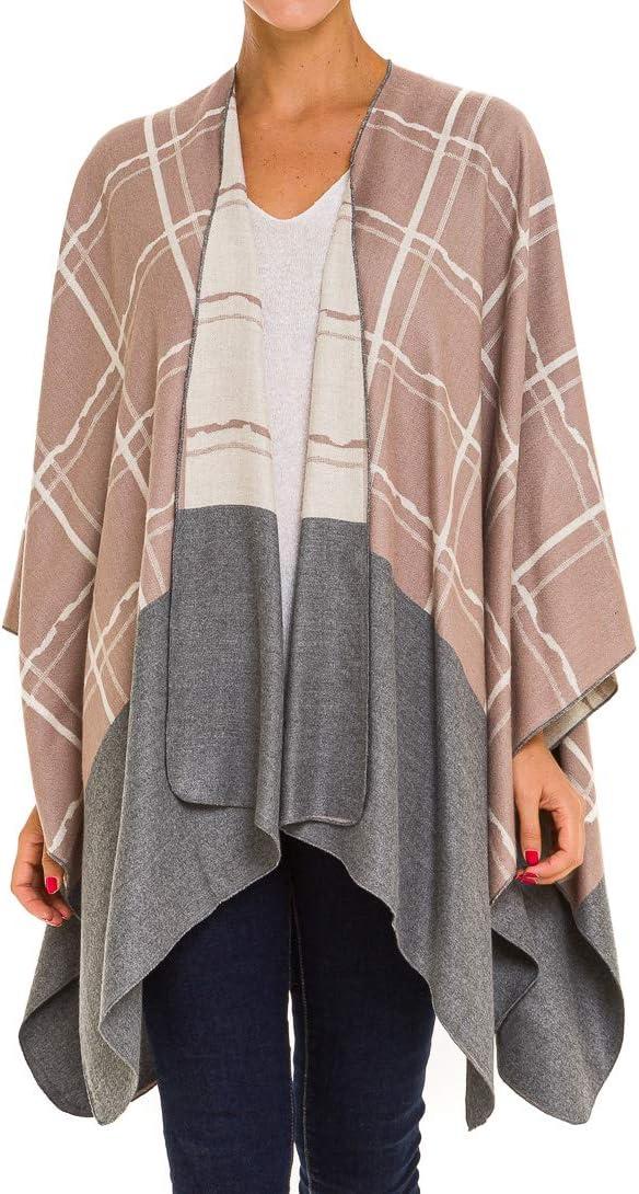 imageWomens Shawl Wrap Poncho Ruana Cape Cardigan Sweater Open Front for Fall WinterChecker Design  Beige With Border