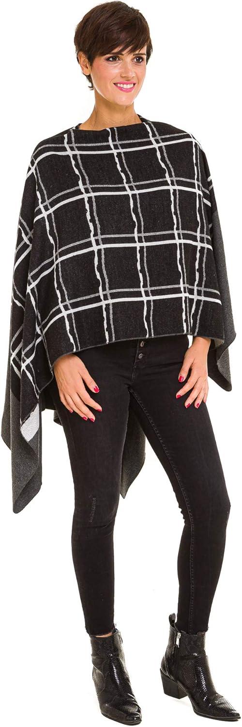 imageWomens Shawl Wrap Poncho Ruana Cape Cardigan Sweater Open Front for Fall WinterChecker Design  Black With Border