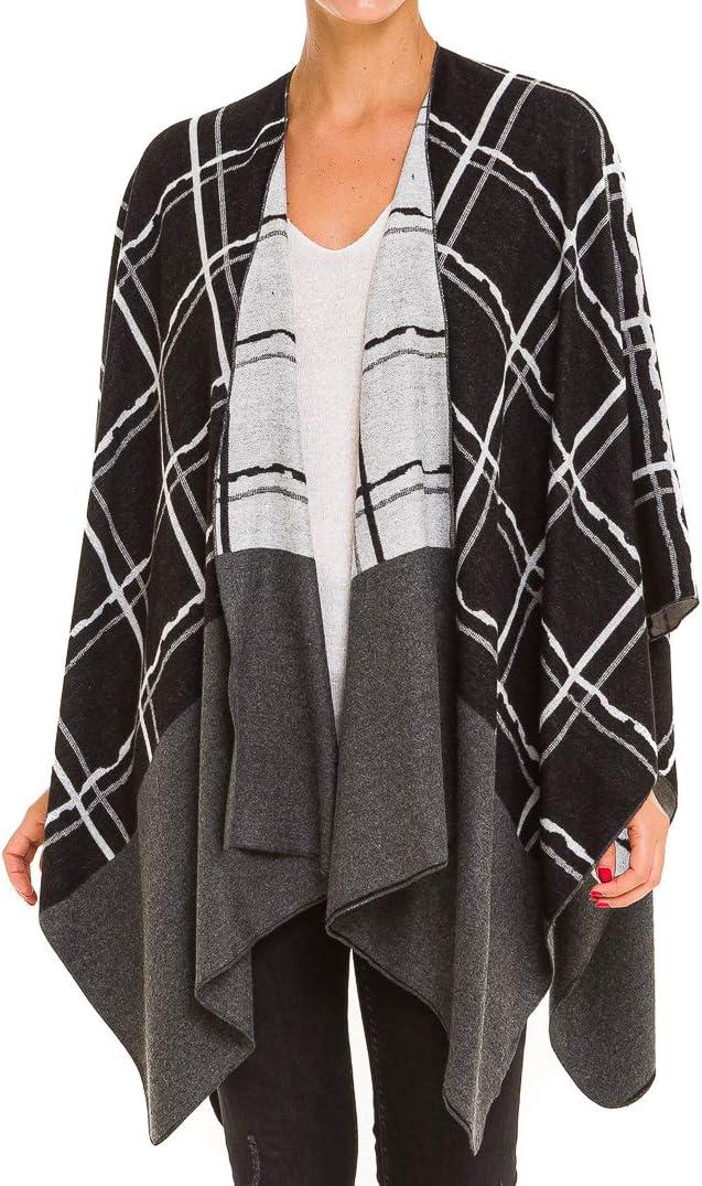 imageWomens Shawl Wrap Poncho Ruana Cape Cardigan Sweater Open Front for Fall WinterChecker Design  Black With Border