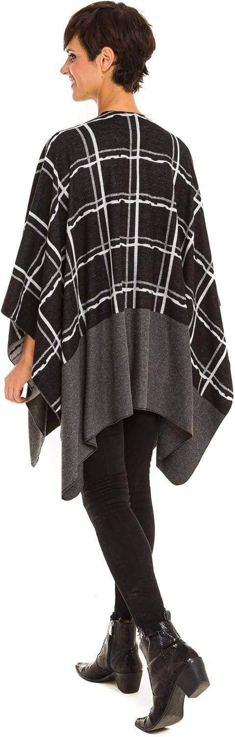 imageWomens Shawl Wrap Poncho Ruana Cape Cardigan Sweater Open Front for Fall WinterChecker Design  Black With Border