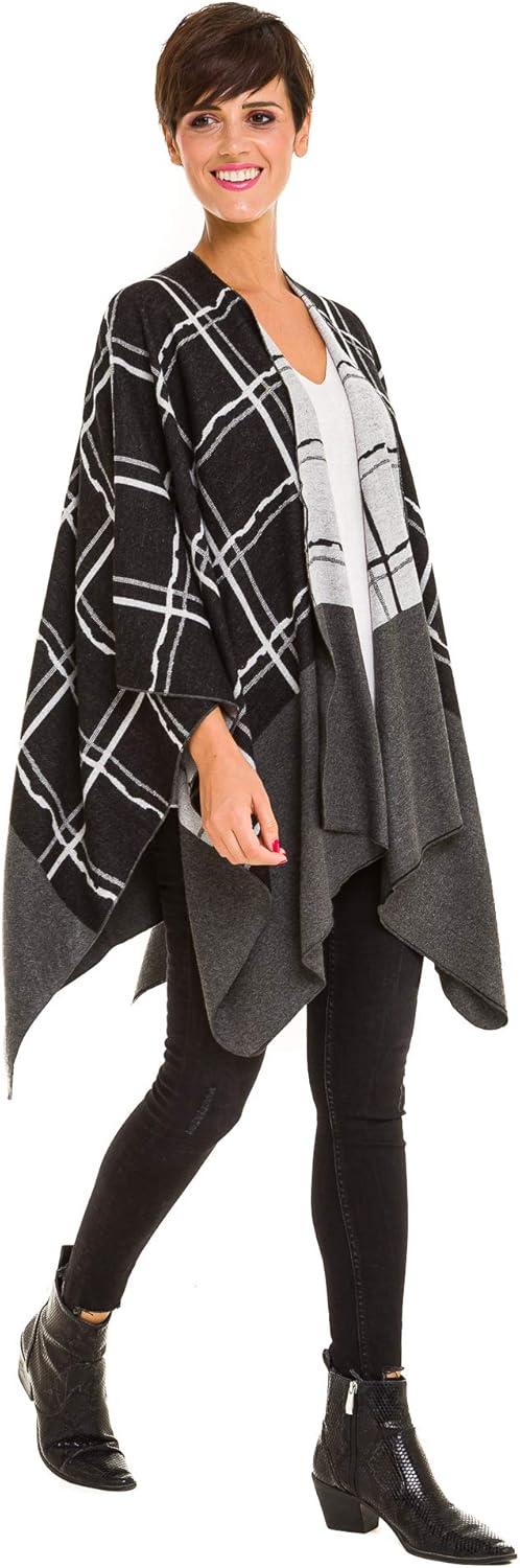 imageWomens Shawl Wrap Poncho Ruana Cape Cardigan Sweater Open Front for Fall WinterChecker Design  Black With Border