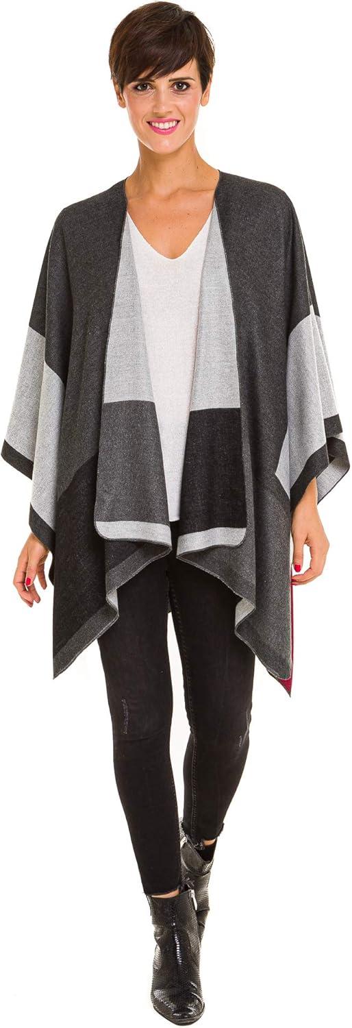 imageWomens Shawl Wrap Poncho Ruana Cape Cardigan Sweater Open Front for Fall WinterGeometric Design  Double Gray