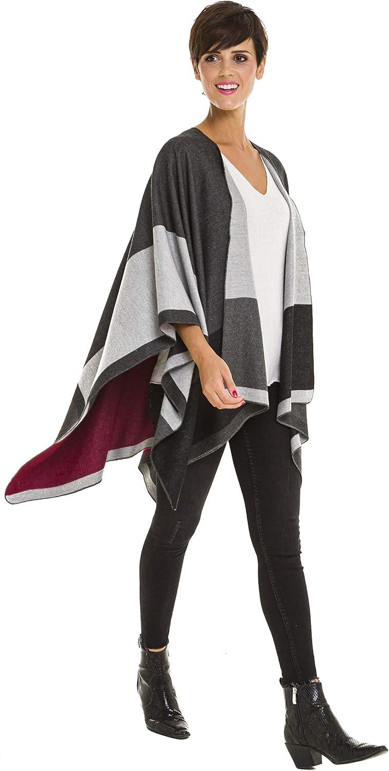 imageWomens Shawl Wrap Poncho Ruana Cape Cardigan Sweater Open Front for Fall WinterGeometric Design  Double Gray