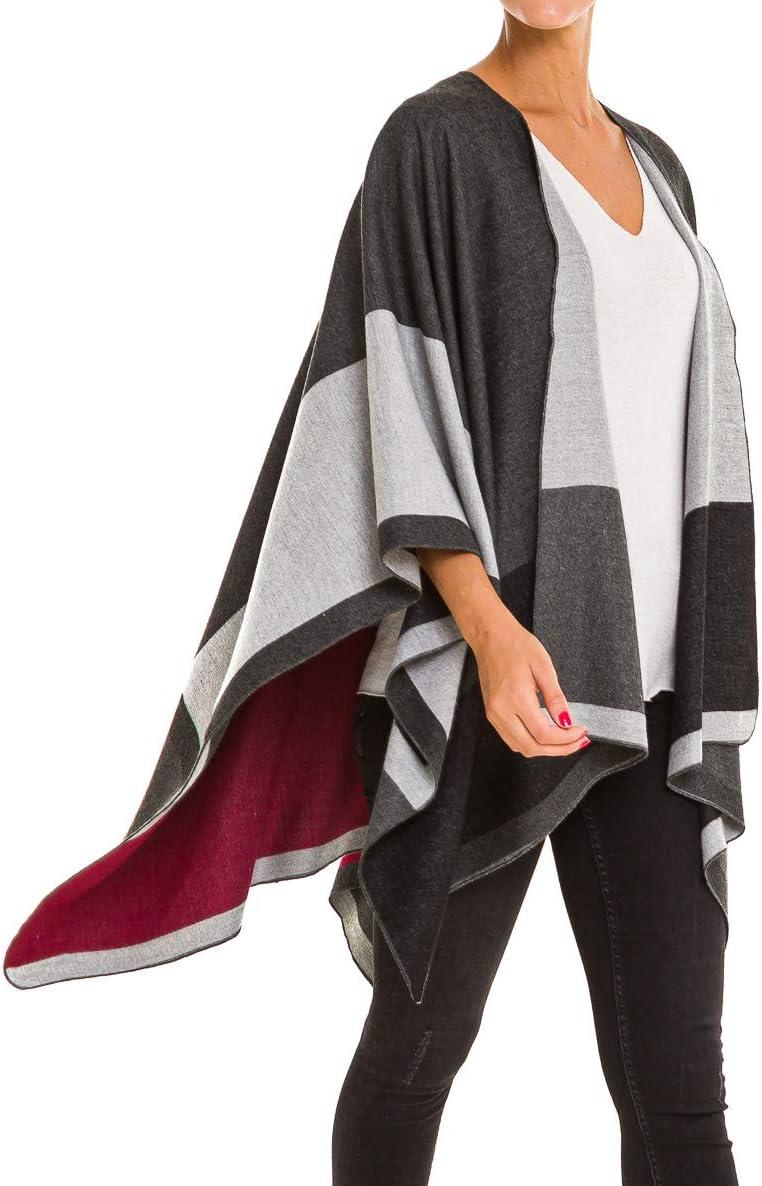 imageWomens Shawl Wrap Poncho Ruana Cape Cardigan Sweater Open Front for Fall WinterGeometric Design  Double Gray
