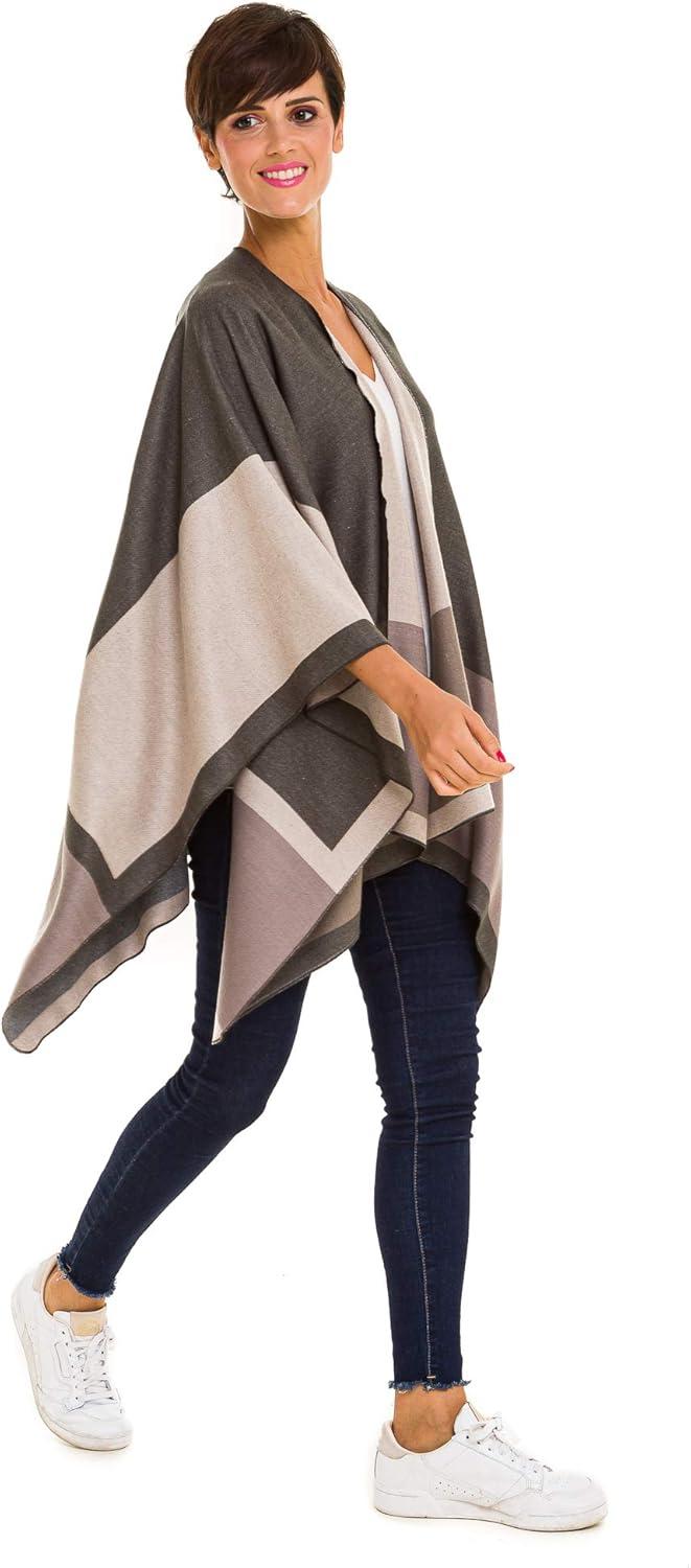 imageWomens Shawl Wrap Poncho Ruana Cape Cardigan Sweater Open Front for Fall WinterGeometric Design  Green and Beige