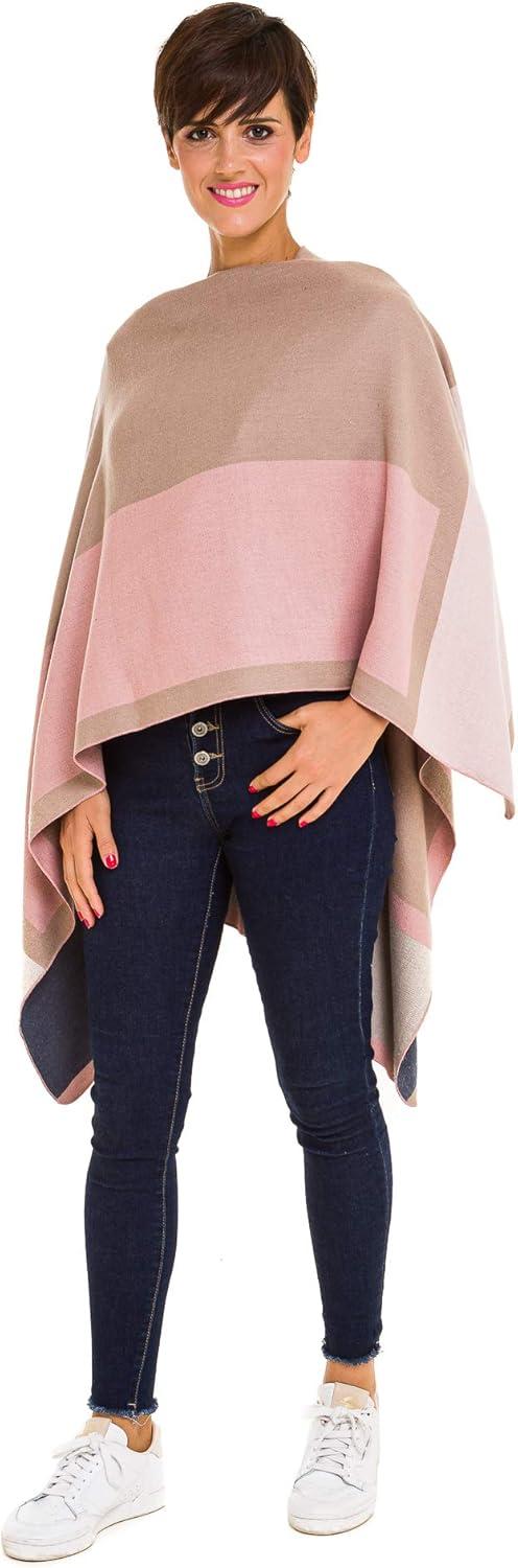 imageWomens Shawl Wrap Poncho Ruana Cape Cardigan Sweater Open Front for Fall WinterGeometric Design  Pink and Beige
