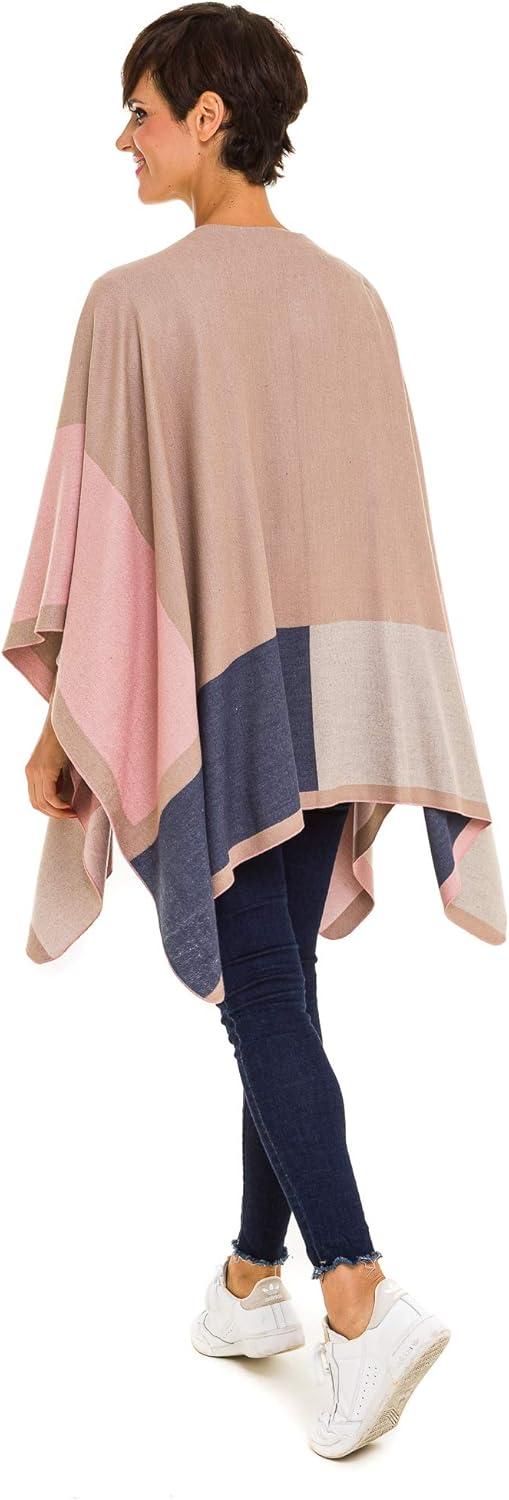 imageWomens Shawl Wrap Poncho Ruana Cape Cardigan Sweater Open Front for Fall WinterGeometric Design  Pink and Beige