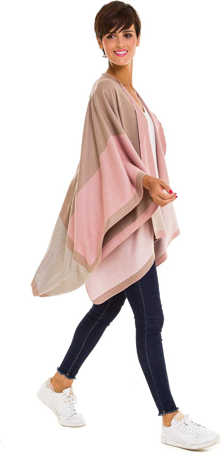 imageWomens Shawl Wrap Poncho Ruana Cape Cardigan Sweater Open Front for Fall WinterGeometric Design  Pink and Beige