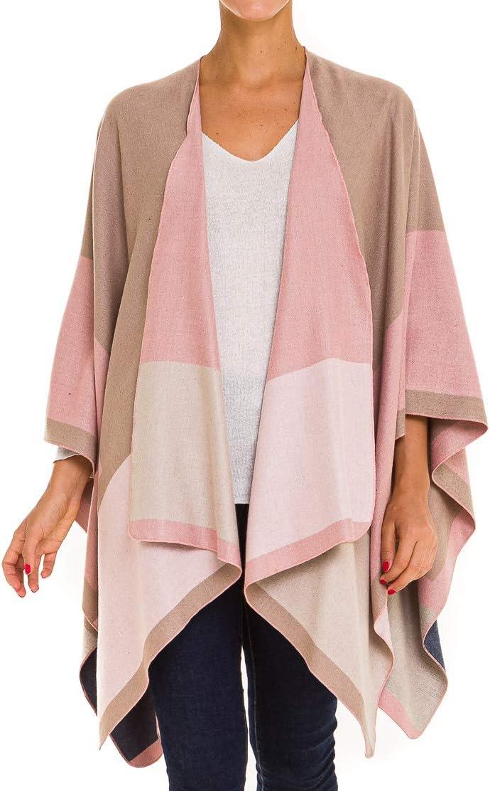 imageWomens Shawl Wrap Poncho Ruana Cape Cardigan Sweater Open Front for Fall WinterGeometric Design  Pink and Beige
