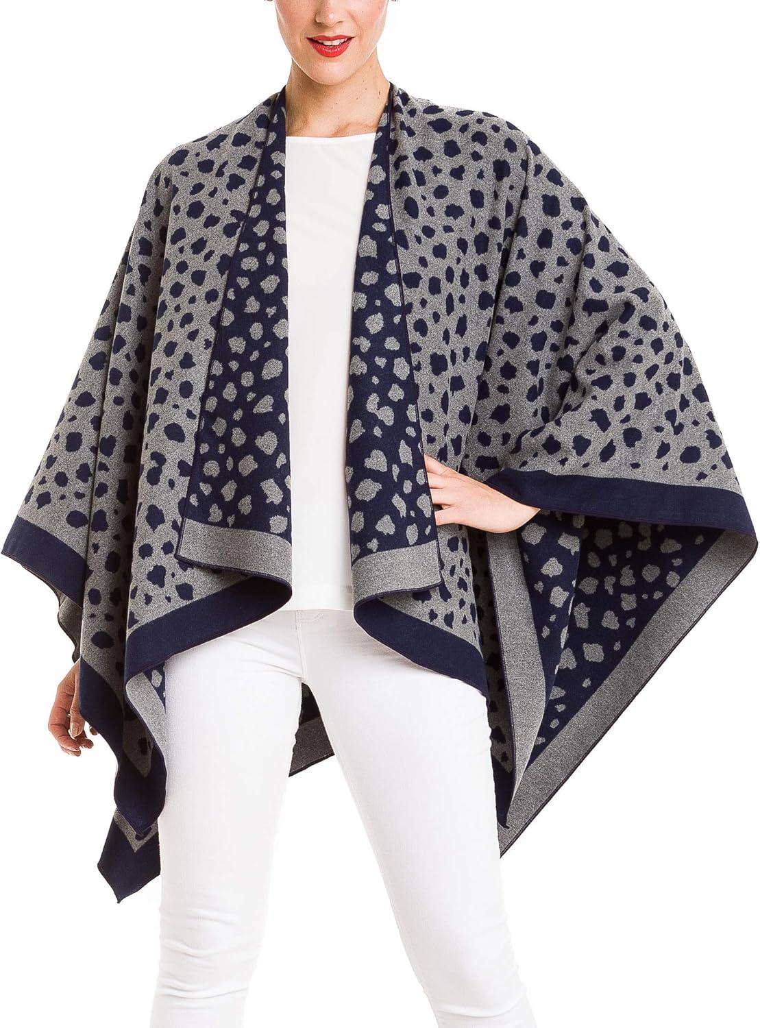 imageWomens Shawl Wrap Poncho Ruana Cape Cardigan Sweater Open Front for Fall WinterLeopard Design  Navy Gray