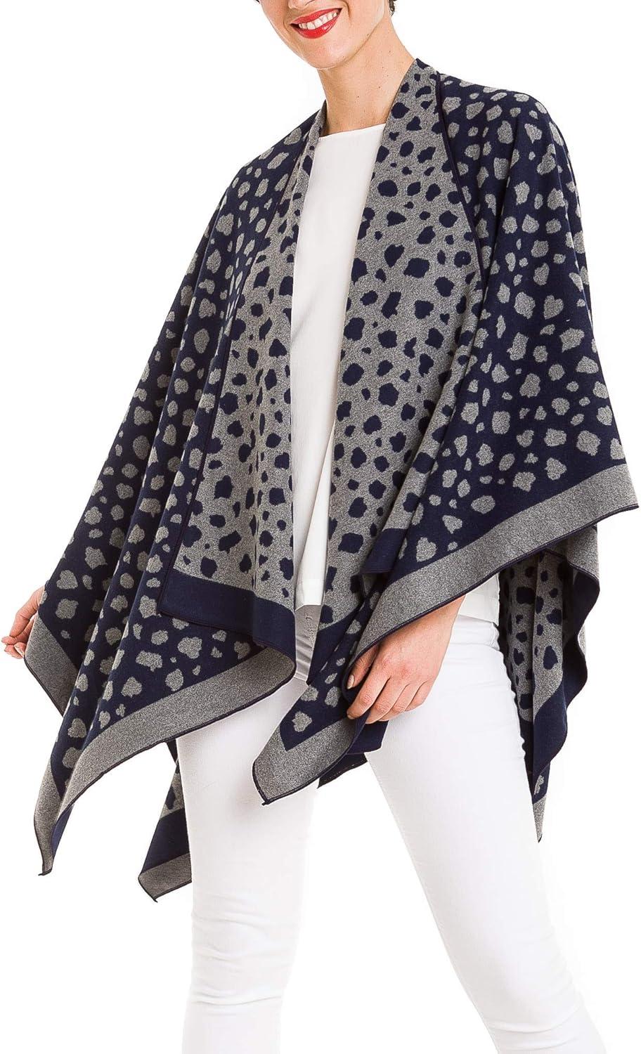 imageWomens Shawl Wrap Poncho Ruana Cape Cardigan Sweater Open Front for Fall WinterLeopard Design  Navy Gray
