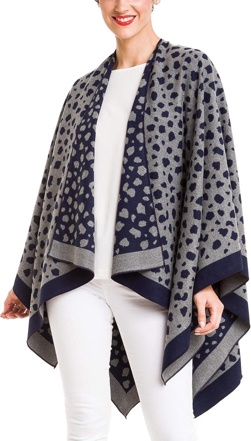 imageWomens Shawl Wrap Poncho Ruana Cape Cardigan Sweater Open Front for Fall WinterLeopard Design  Navy Gray