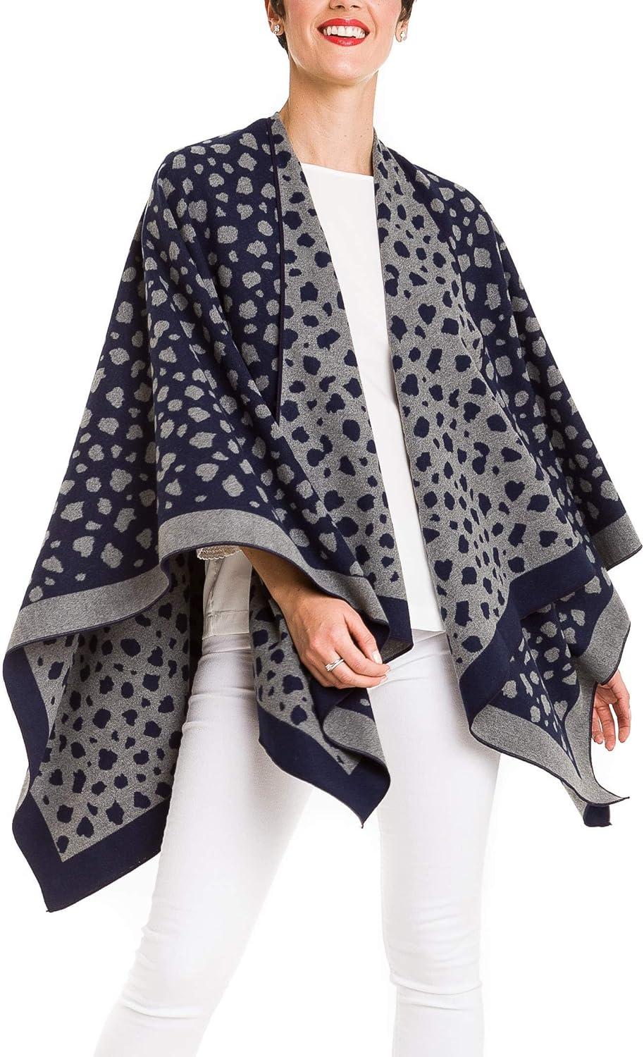 imageWomens Shawl Wrap Poncho Ruana Cape Cardigan Sweater Open Front for Fall WinterLeopard Design  Navy Gray