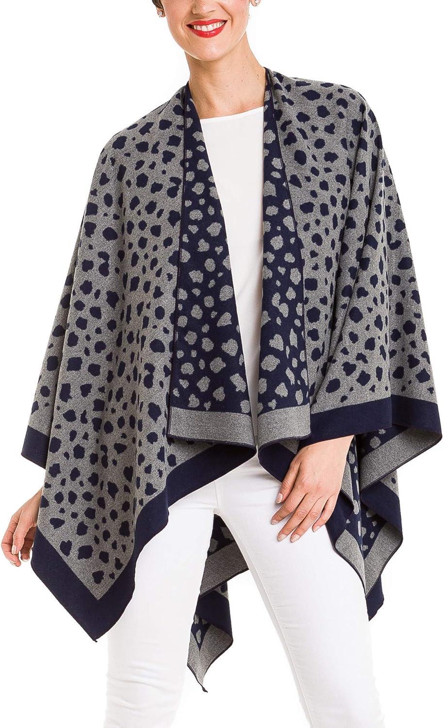 imageWomens Shawl Wrap Poncho Ruana Cape Cardigan Sweater Open Front for Fall WinterLeopard Design  Navy Gray