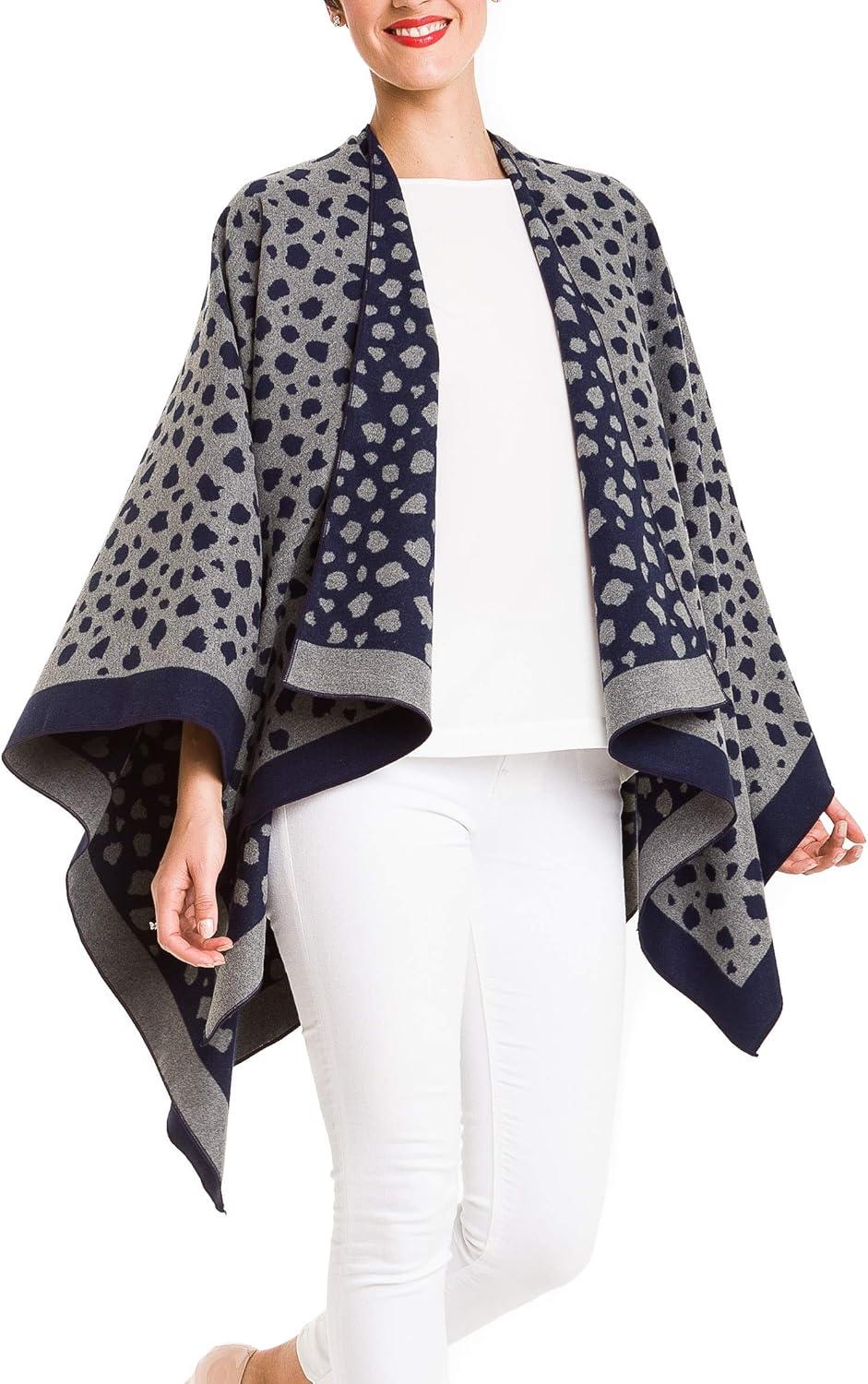 imageWomens Shawl Wrap Poncho Ruana Cape Cardigan Sweater Open Front for Fall WinterLeopard Design  Navy Gray